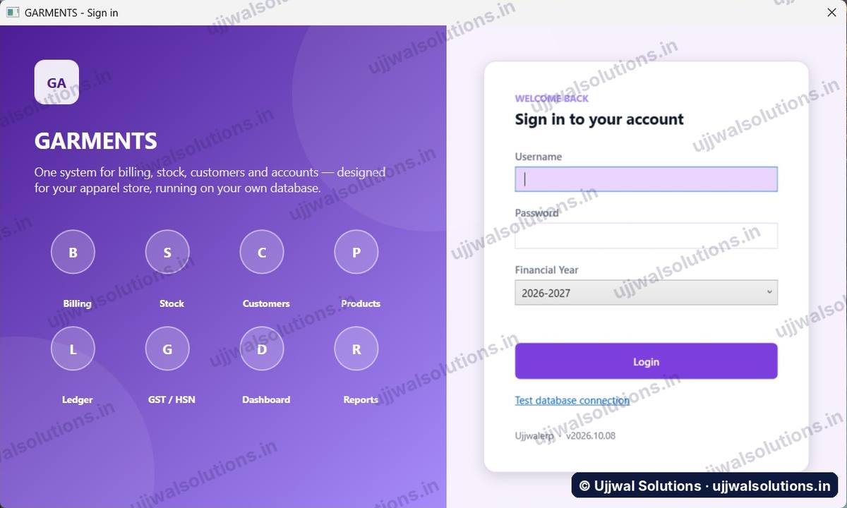 Ujjwal Solutions sign-in screen with username, password and financial year